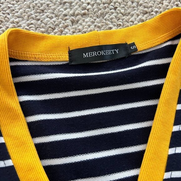 š Buy 2 Get 1 Free Merokeety S Blue Striped Long Cardigan Yellow Preppy Classic - Picture 3 of 7